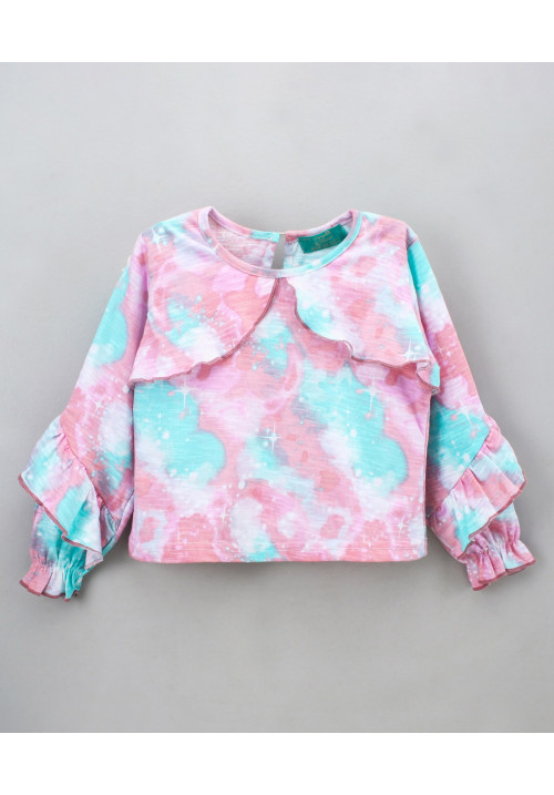 Tiara Full Puffed Frill Sleeves Tie & Dyed Ruffle Top - Pink