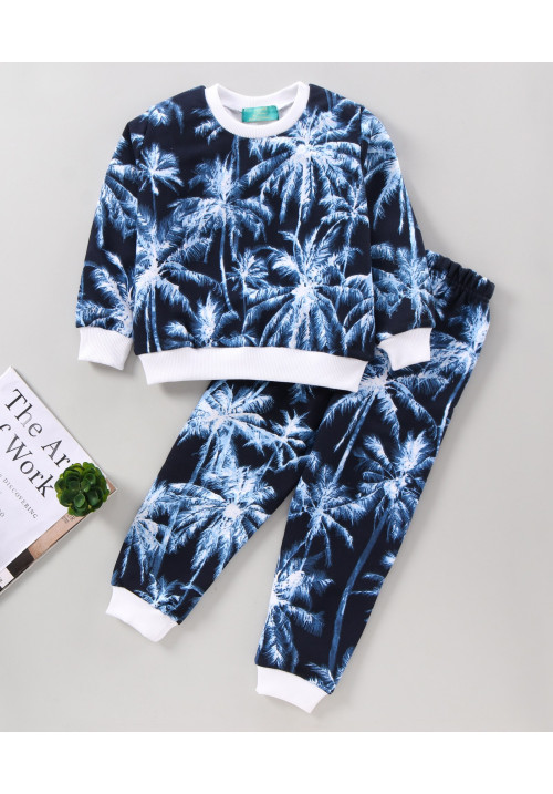 Tiara Full Sleeves Palm Trees Printed Tee & Joggers Set - Navy Blue