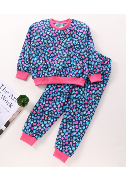 Tiara Full Sleeves Abstract Printed Tee & Joggers Set - Blue & Pink