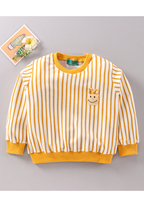 Tiara Full Sleeves Striped With Smiley Emoji Applique Detail Fleece Sweatshirt - Yellow