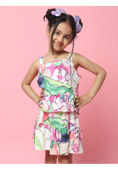 Tiara Girl's Printed Summer Ruffle Skirt Set-Pink
