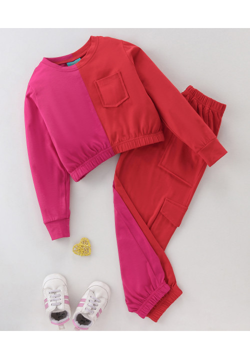 Tiara Full Sleeves Colour Block Printed Jogger Set - Pink