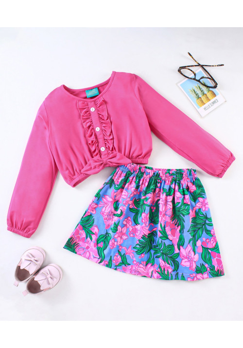 Tiara Full Sleeves Ruffled Top With Floral Printed Skirt - Pink