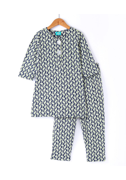 Tiara Full Sleeves Leaves & Flower Printed & Gota Flower Embellished Summer Kurti With Coordinating Pyjama Set - Green & Blue