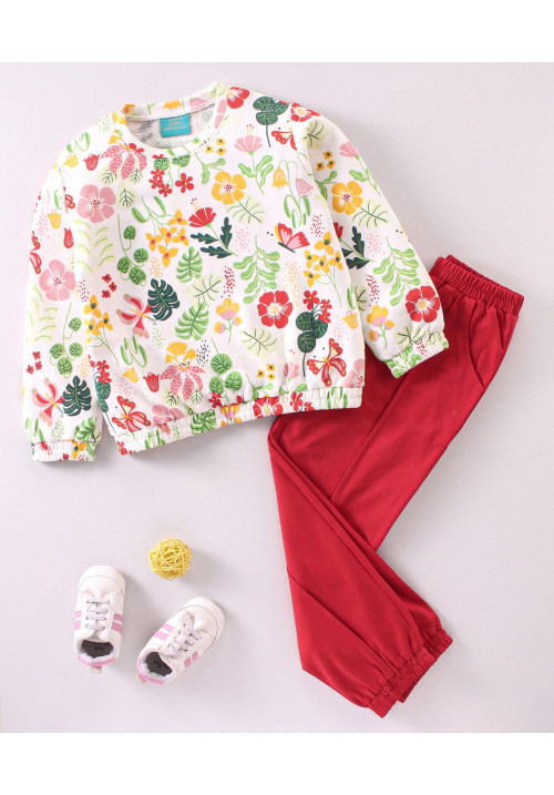 Tiara Full Sleeves Floral Printed Fleece Tee & Jogger Set - Red