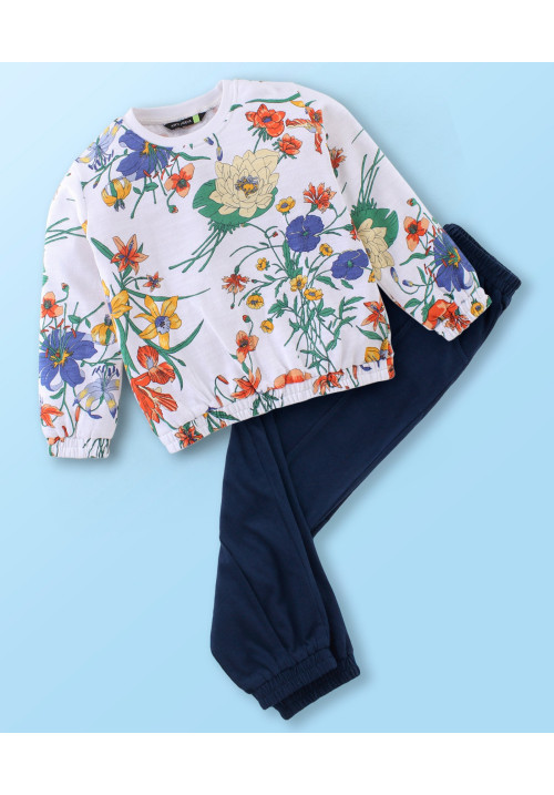 Tiara Full Sleeves Seamless Flowers Printed Fleece Sweatshirt With Joggers - White & Blue