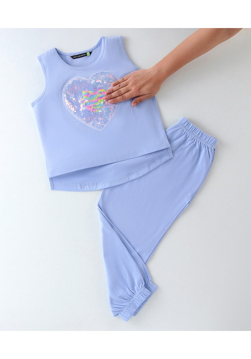 Tiara Sleeveless Heart Embroidered & Sequin Embellished Top With Joggers Set - Blue