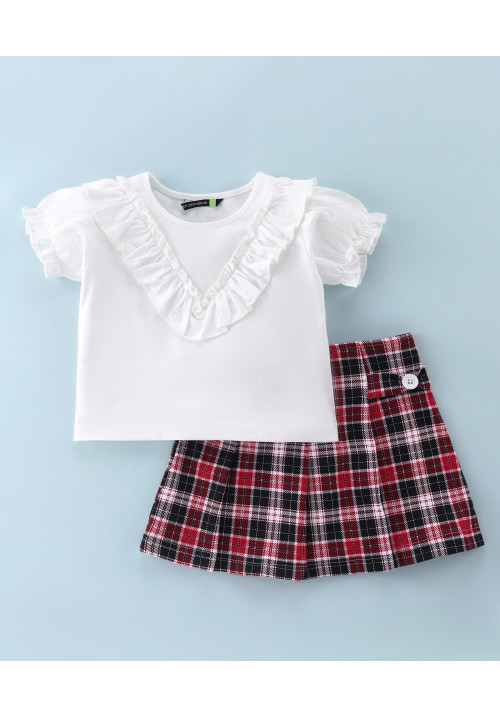 Tiara Half Sleeves Ruffled Detailed Top With Plaid Checked Skirt - Red
