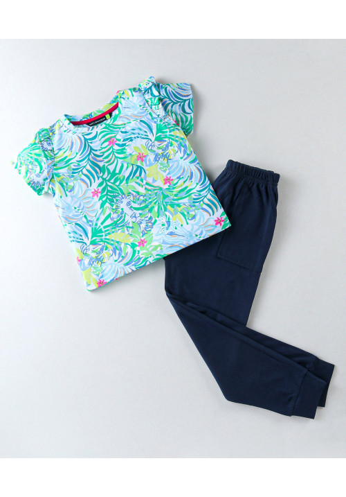 Tiara Sleeveless Leaves Printed Top & Pant Set - Neon & Blue