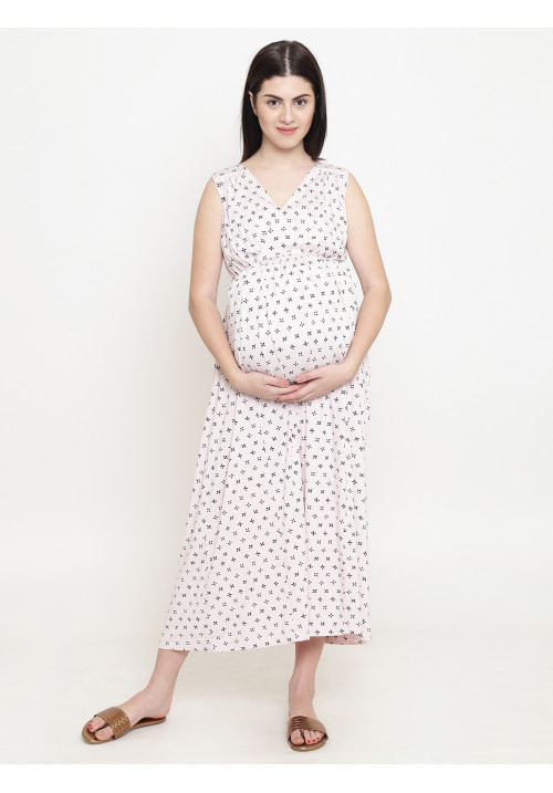 Tiara maternity pink small flower maxi dress