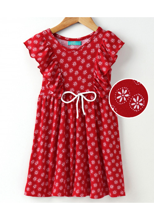 Tiara Small Flower Print Sleeveless Trim Dress - Red