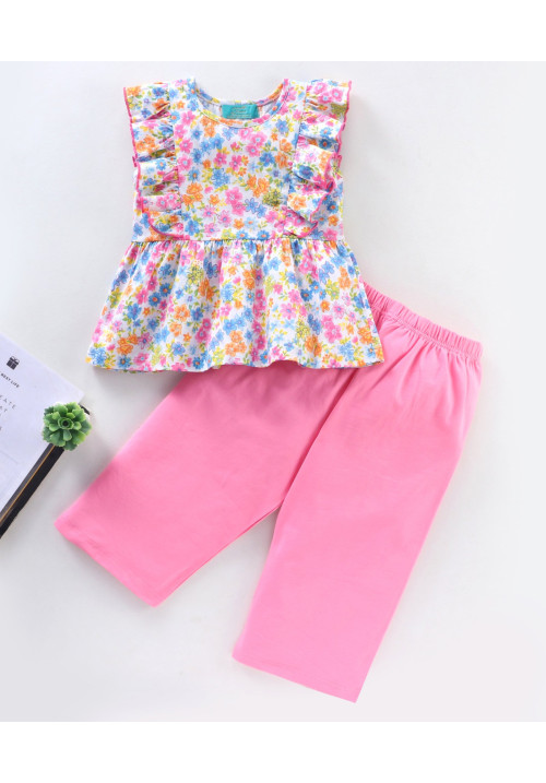Tiara Girl's Printed Summer Ruffle Top With Palazzo-Pink