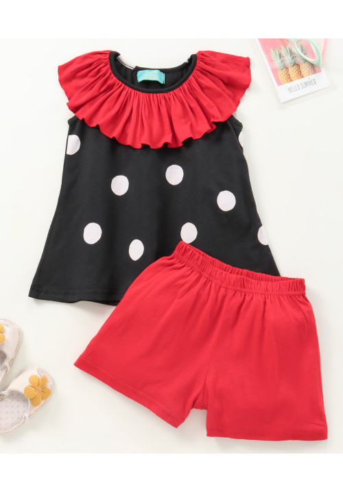 Tiara Cap Sleeves Polka Dot Printed A line Ruffle Neck Top With Solid Short - Black & Red