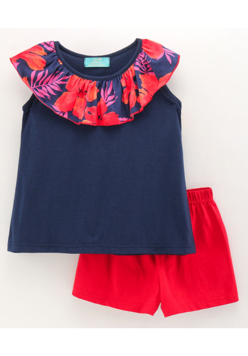 Tiara Sleeveless Solid Ruffle Top With Short - Blue