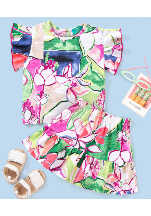 Tiara Girl's Summer Ruffle Top With Skirt  - Pink
