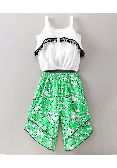 Tiara Sleeveless Solid Top & All Over Printed Palazzo Pants Set - White & Green