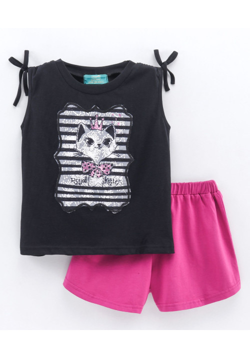 Tiara Sleeveless Cat Patch Detailing Top With Shorts - Black & Pink