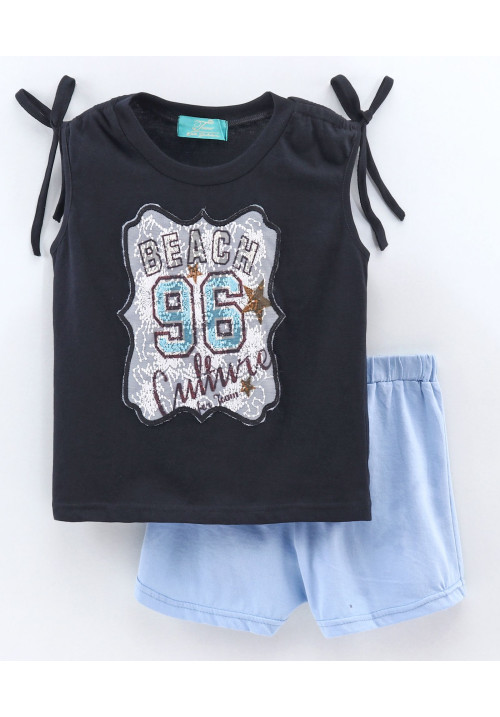 Tiara Sleeveless 96 Patch Detailing Top With Shorts - Black & Blue
