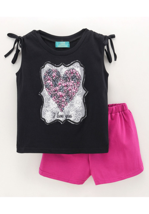 Tiara Sleeveless Heart Patch Detailing Top With Shorts - Black & Pink