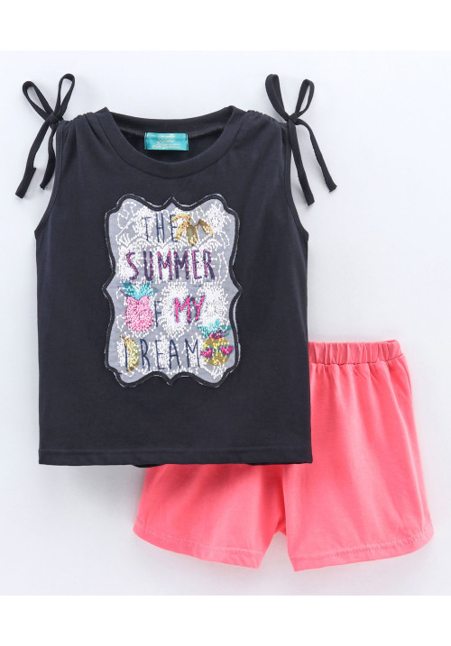 Tiara Sleeveless Dream Summer Print Top & Solid Shorts Set - Black & Peach