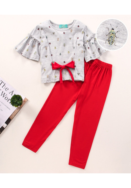Tiara Three Fourth Frill Sleeves Insect Printed Bow Knot Detail Top Tee & Leggings Set - Grey & Red