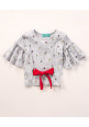 Tiara Three Fourth Frill Sleeves Insect Printed Bow Knot Detail Top Tee & Leggings Set - Grey & Red