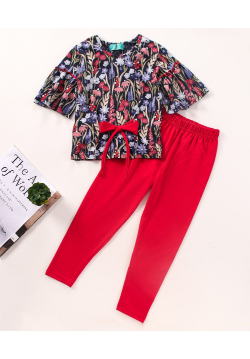 Tiara Three Fourth Sleeves Floral Printed Front Knot Detail Top & Leggings Set - Blue & Red
