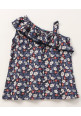 Tiara Single Shoulder Cap Sleeves All Over Floral Printed Ruffle Top With Solid Short - Blue & Red