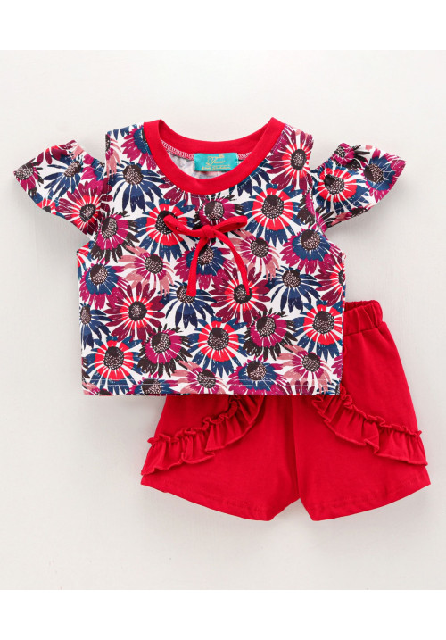 Tiara Cold Shoulder Half Sleeves Floral Printed Top & Frill Detailing Shorts Set - Red