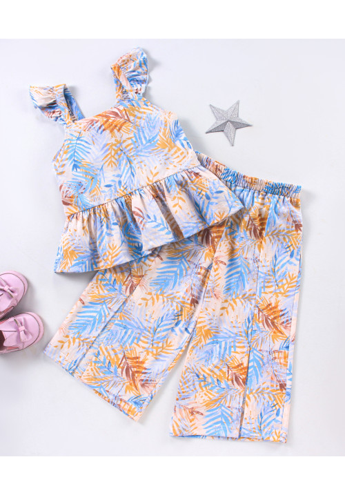 Tiara Girl's Printed Summer Ruffle top with front slit pants-Blue
