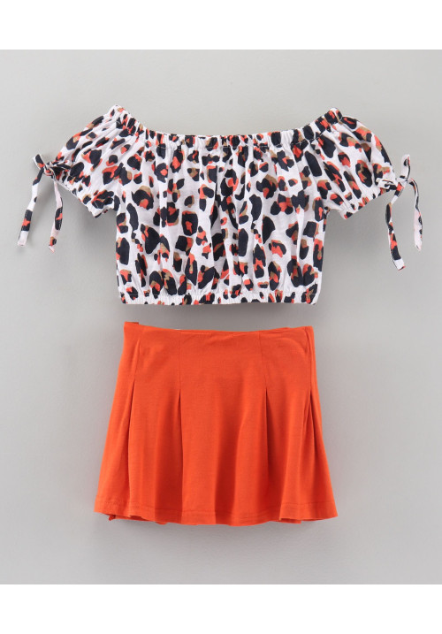 Tiara Half Sleeves Leopard Print Off Shoulder Top With Solid Box Pleated Skirt - Orange