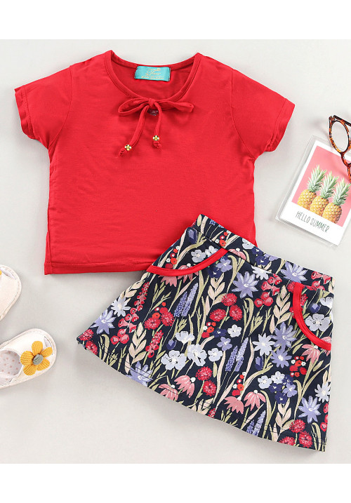 Tiara Half Sleeves Top With Floral Print Divider Skirt - Red